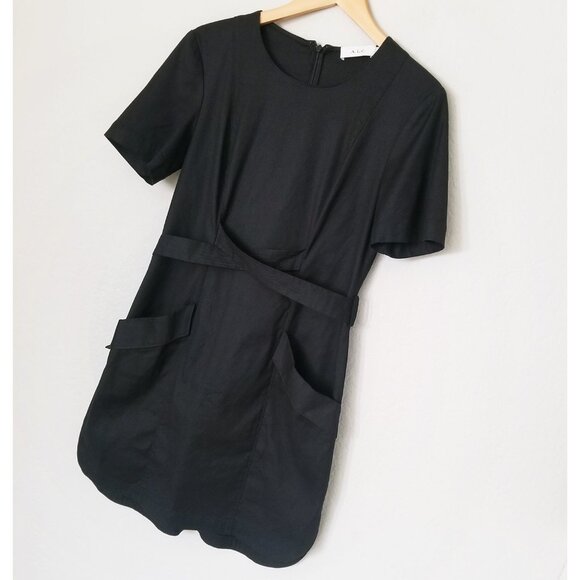 A.L.C. Linen Blend Twist Belted Mini Shift Dress 8 Short Sleeve Black Pocket LBD - Picture 15 of 15